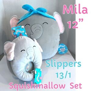 NWT Squishmallows Gift Set 12” Mila Elephant Slippers Sz 13/1 Kids Shoe Size